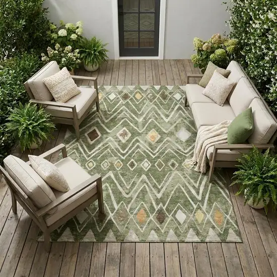 Olive Green And Brown Geometric Washable Indoor Outdoor Area Rug Photo 1
