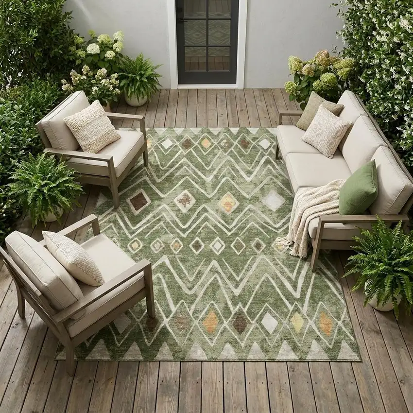 Olive Green And Brown Geometric Washable Indoor Outdoor Area Rug Photo 1