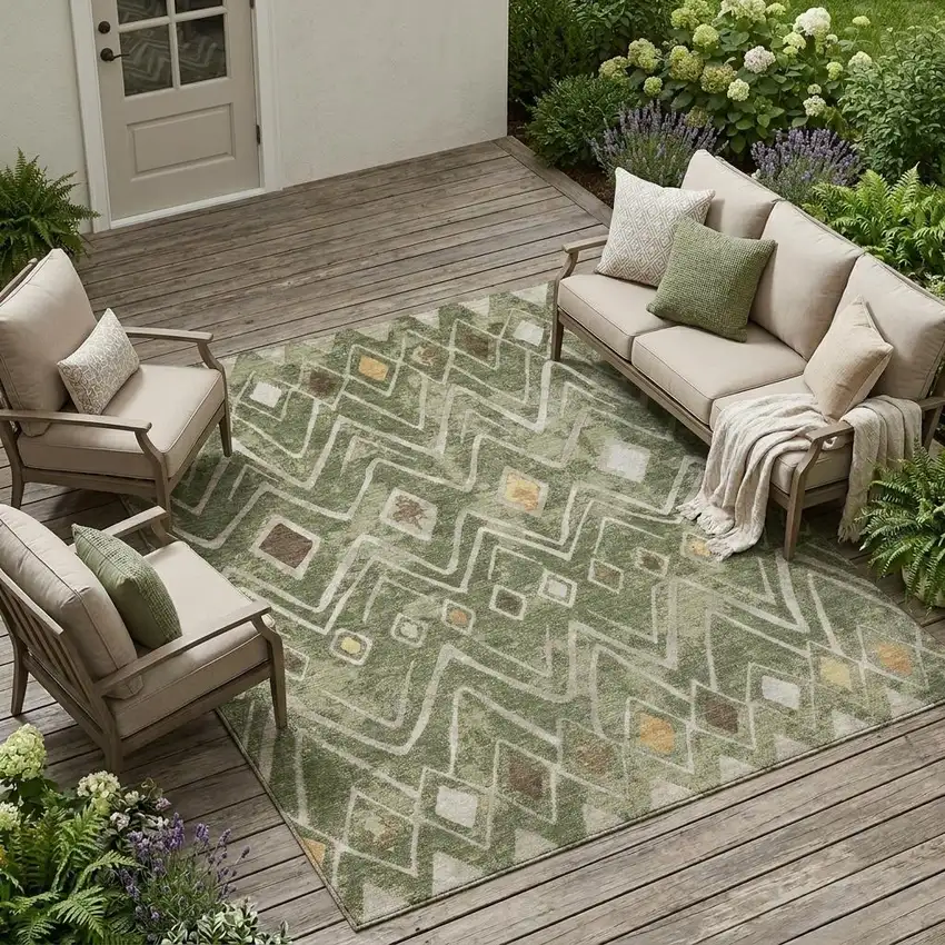 Olive Green And Brown Geometric Washable Indoor Outdoor Area Rug Photo 1