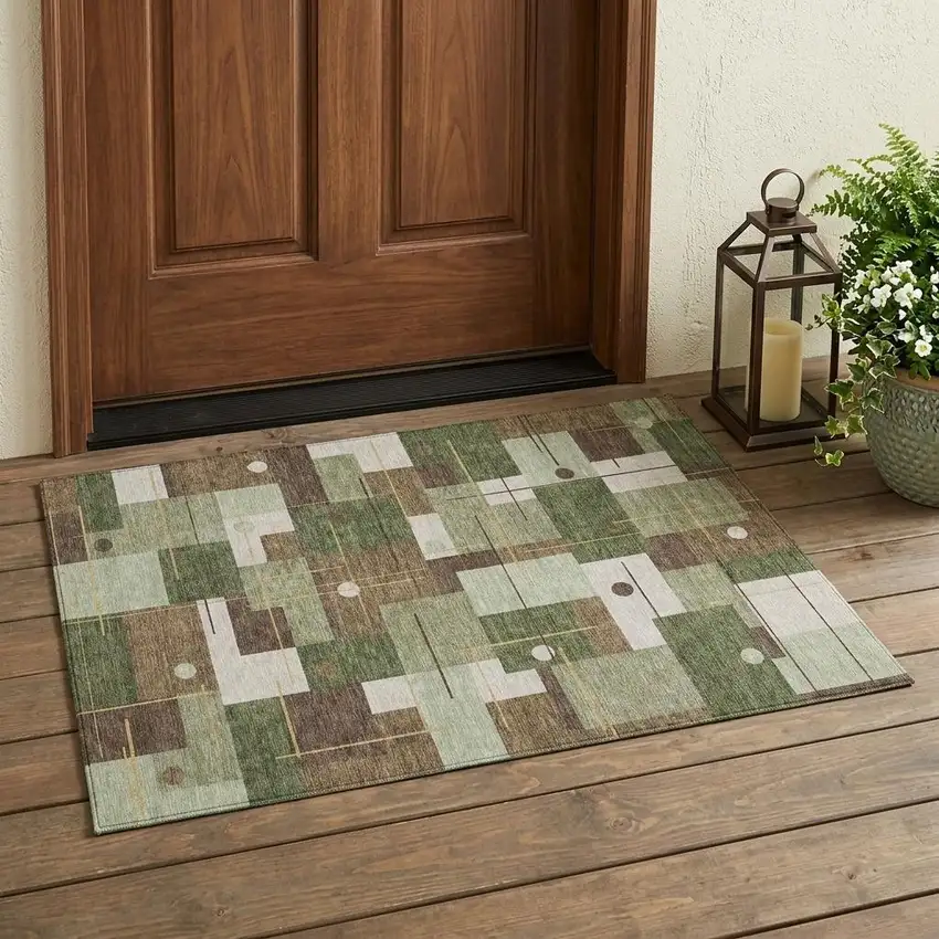 Olive Green And Brown Geometric Washable Indoor Outdoor Area Rug Photo 1