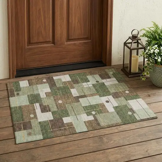 Olive Green And Brown Geometric Washable Indoor Outdoor Area Rug Photo 1