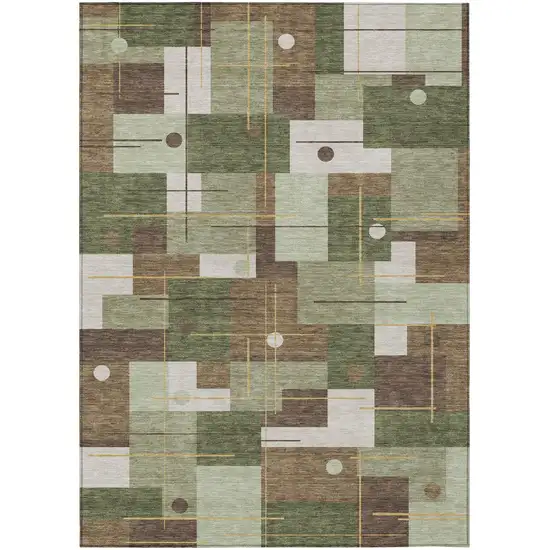 Olive Green And Brown Geometric Washable Indoor Outdoor Area Rug Photo 2