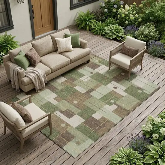 Olive Green And Brown Geometric Washable Indoor Outdoor Area Rug Photo 1