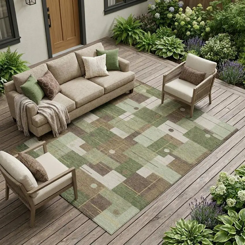 Olive Green And Brown Geometric Washable Indoor Outdoor Area Rug Photo 1