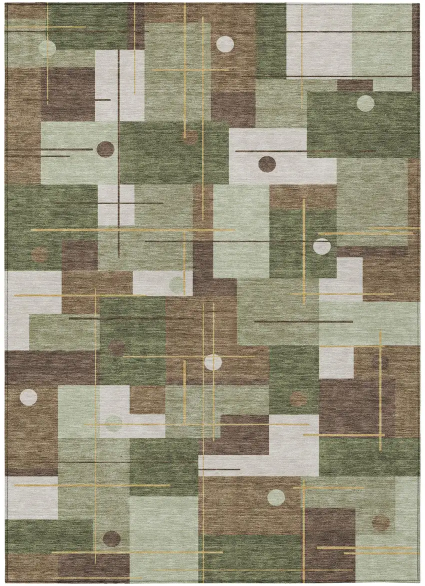 Olive Green And Brown Geometric Washable Indoor Outdoor Area Rug Photo 2