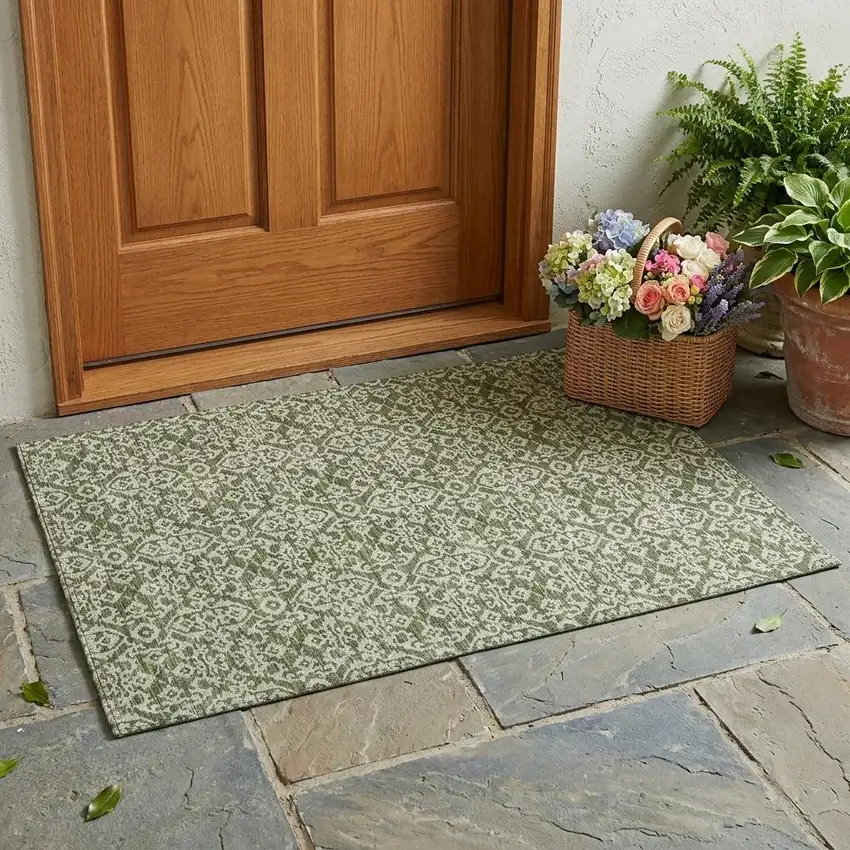 Olive Green And Brown Oriental Washable Indoor Outdoor Area Rug Photo 1