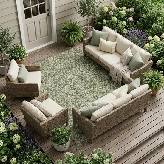 Olive Green And Brown Oriental Washable Indoor Outdoor Area Rug Photo 1