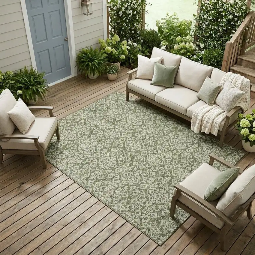 Olive Green And Brown Oriental Washable Indoor Outdoor Area Rug Photo 1
