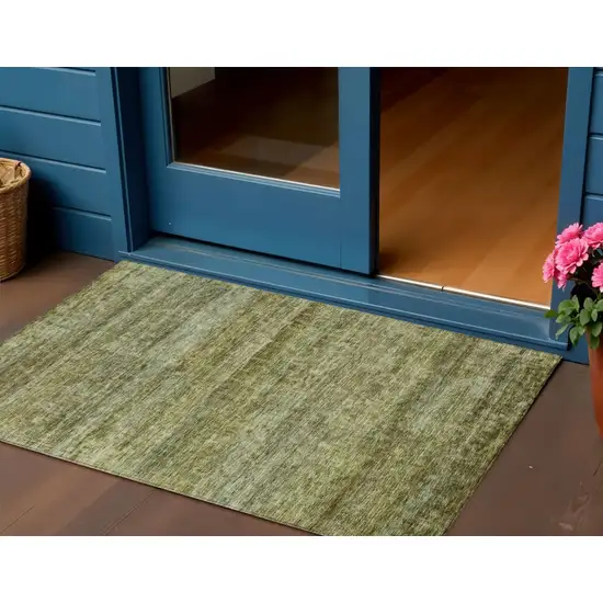 Olive Green And Brown Striped Washable Indoor Outdoor Area Rug Photo 1