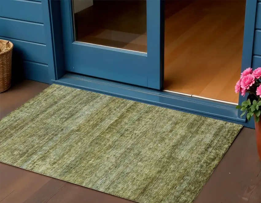 Olive Green And Brown Striped Washable Indoor Outdoor Area Rug Photo 1