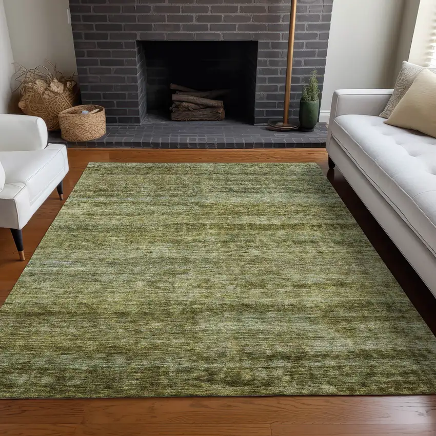 Olive Green And Brown Striped Washable Indoor Outdoor Area Rug Photo 9