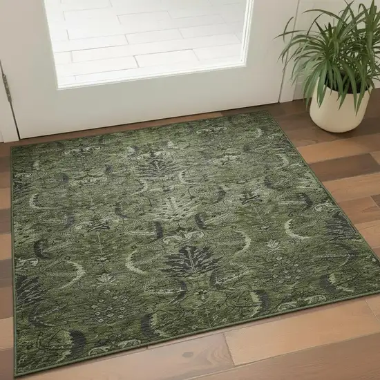 Olive Green And Charcoal Damask Washable Area Rug With UV Protection Photo 2