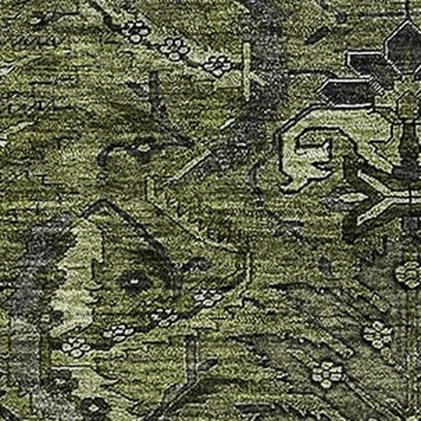 Olive Green And Charcoal Damask Washable Area Rug With UV Protection Photo 2