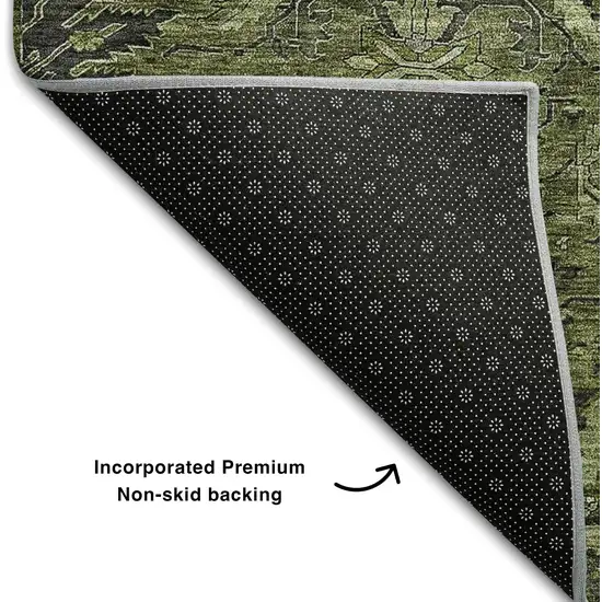 Olive Green And Charcoal Damask Washable Area Rug With UV Protection Photo 6