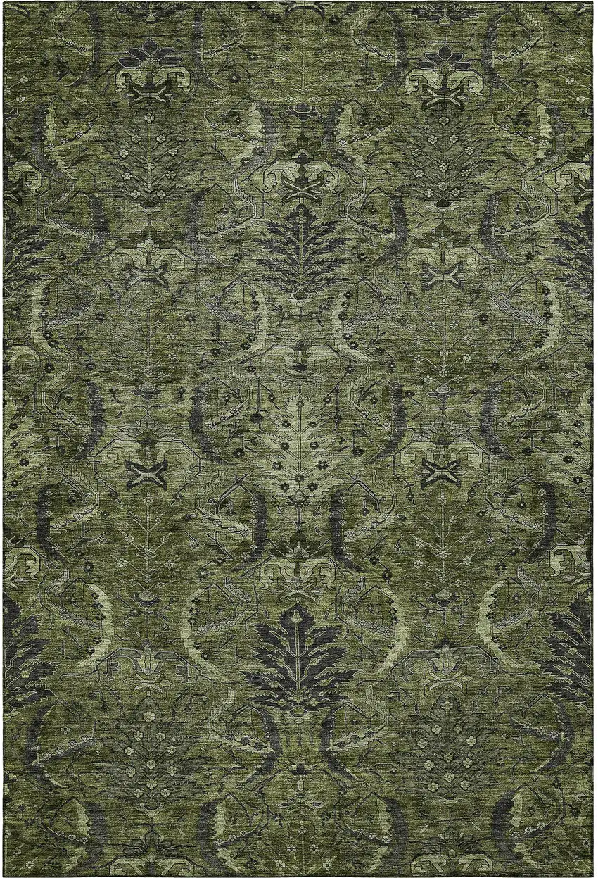 Olive Green And Charcoal Damask Washable Area Rug With UV Protection Photo 3