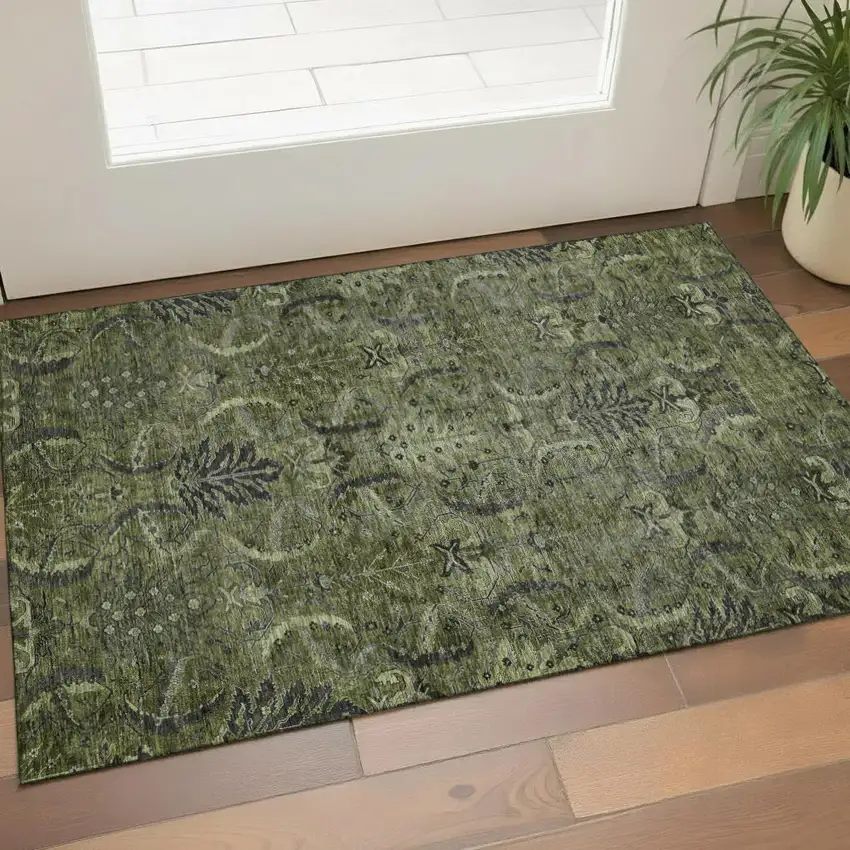 Olive Green And Charcoal Damask Washable Area Rug With UV Protection Photo 1