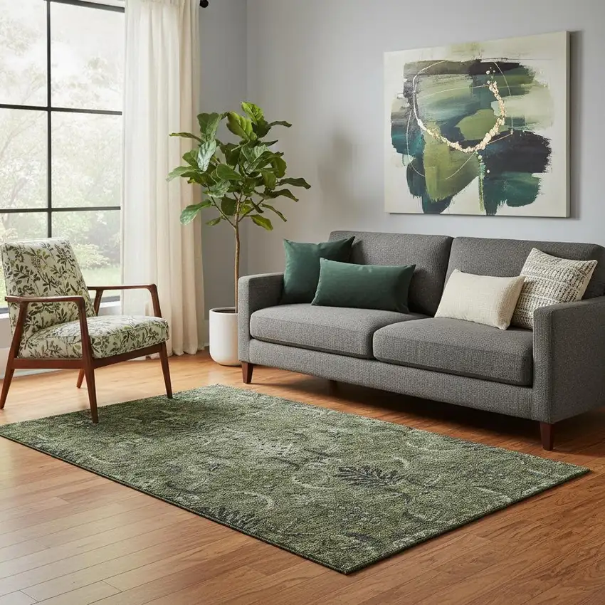 Olive Green And Charcoal Damask Washable Area Rug With UV Protection Photo 2