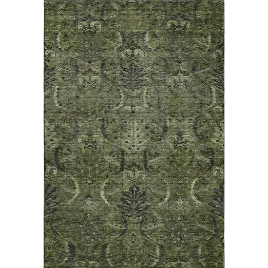 Olive Green And Charcoal Damask Washable Area Rug With UV Protection Photo 1