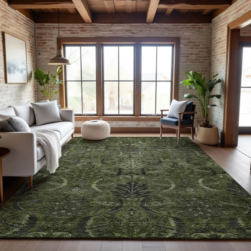 Olive Green And Charcoal Damask Washable Area Rug With UV Protection Photo 4