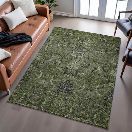 Olive Green And Charcoal Damask Washable Area Rug With UV Protection Photo 5