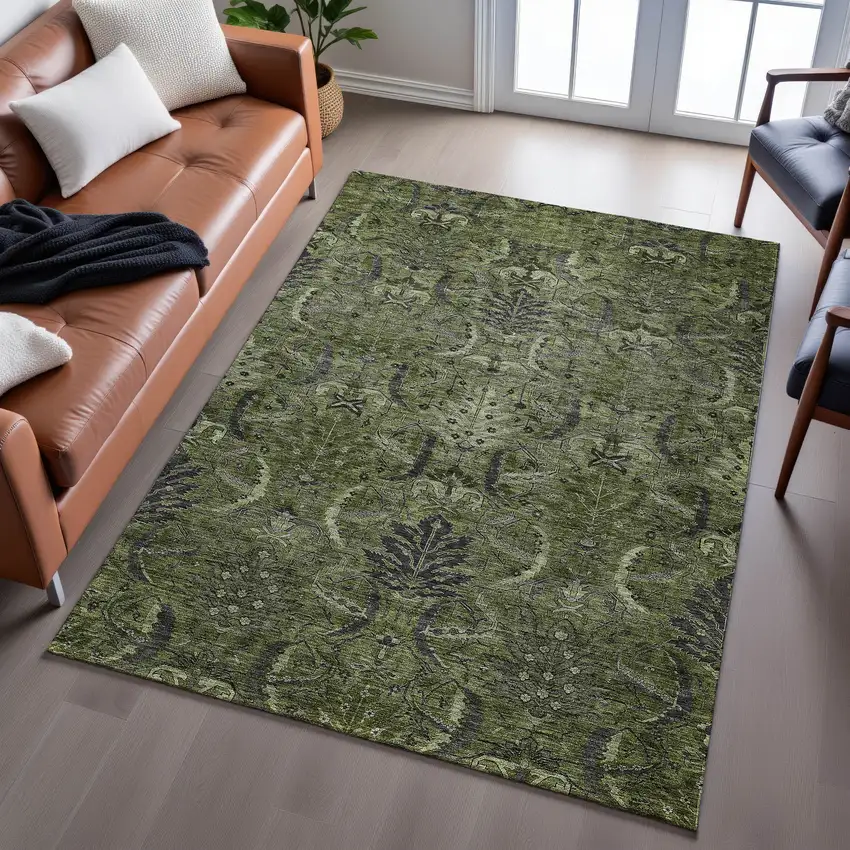 Olive Green And Charcoal Damask Washable Area Rug With UV Protection Photo 5