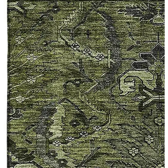 Olive Green And Charcoal Damask Washable Area Rug With UV Protection Photo 3