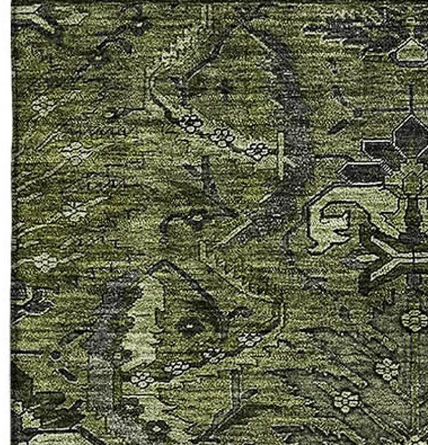 Olive Green And Charcoal Damask Washable Area Rug With UV Protection Photo 3