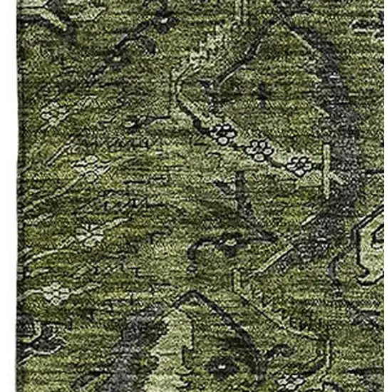 Olive Green And Charcoal Damask Washable Area Rug With UV Protection Photo 2