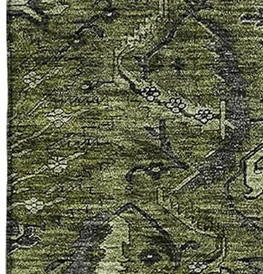 Olive Green And Charcoal Damask Washable Area Rug With UV Protection Photo 2