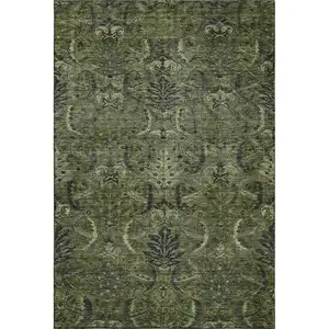 Photo of Olive Green And Charcoal Damask Washable Area Rug With UV Protection