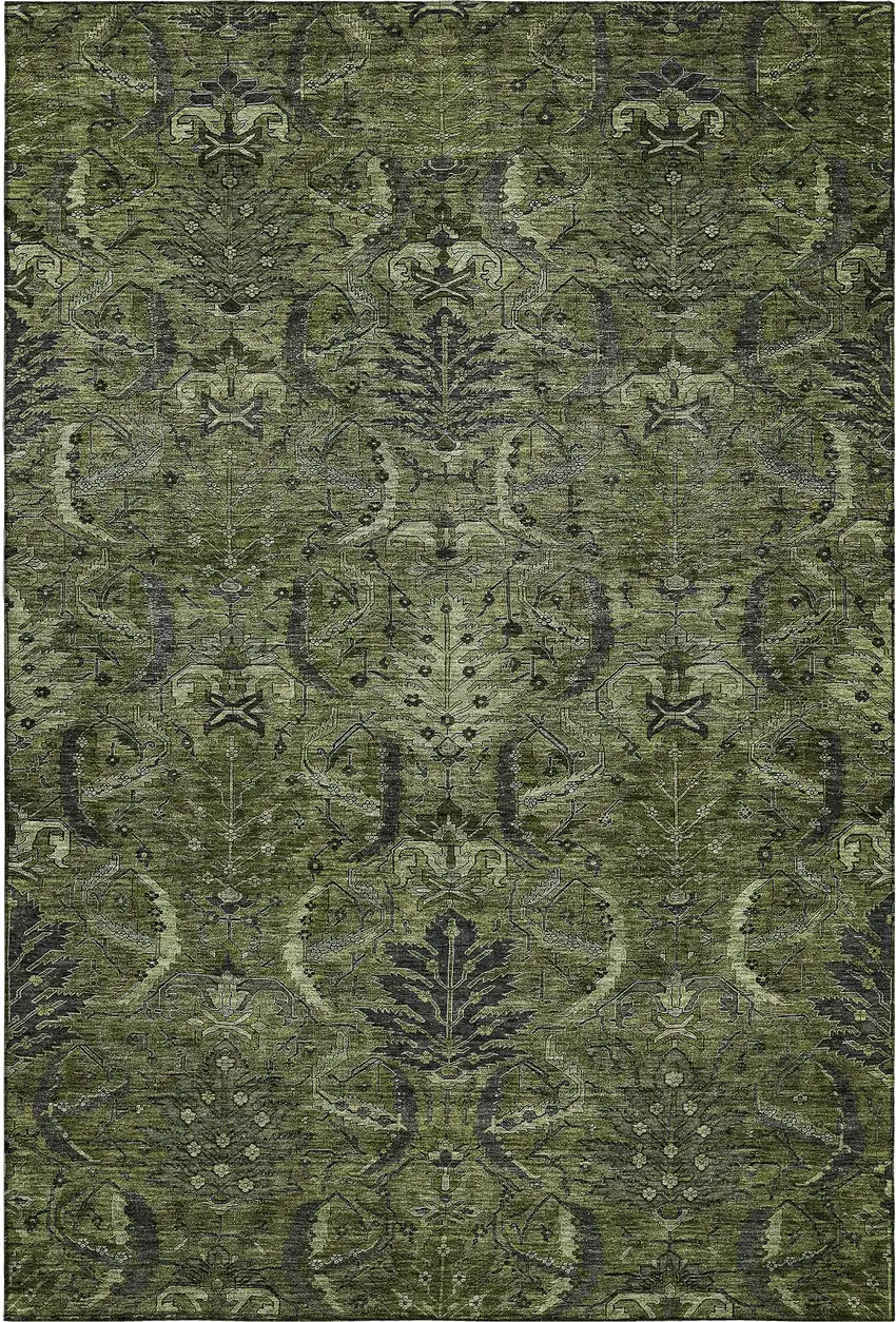 Olive Green And Charcoal Damask Washable Area Rug With UV Protection Photo 1