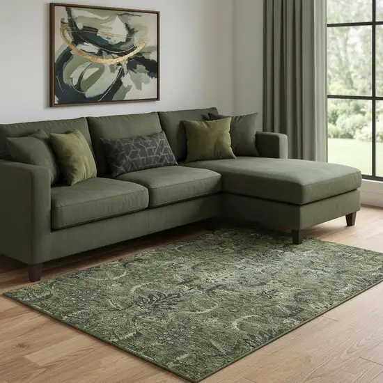 Olive Green And Charcoal Damask Washable Area Rug With UV Protection Photo 2