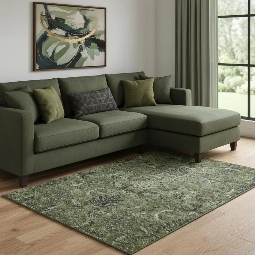 Olive Green And Charcoal Damask Washable Area Rug With UV Protection Photo 2