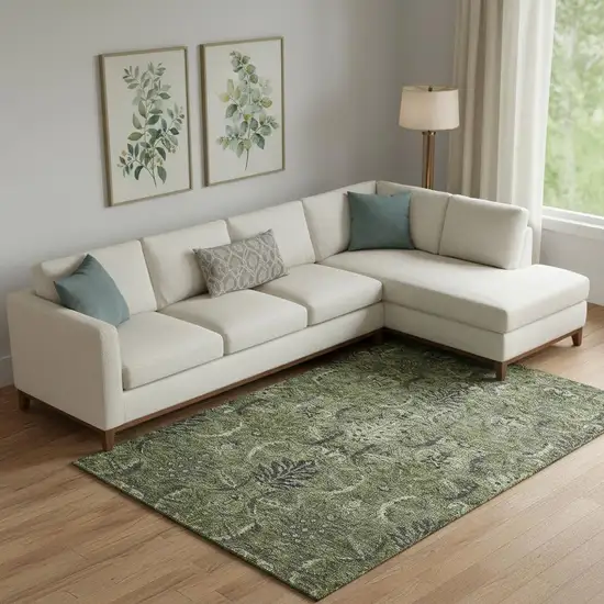 Olive Green And Charcoal Damask Washable Area Rug With UV Protection Photo 2