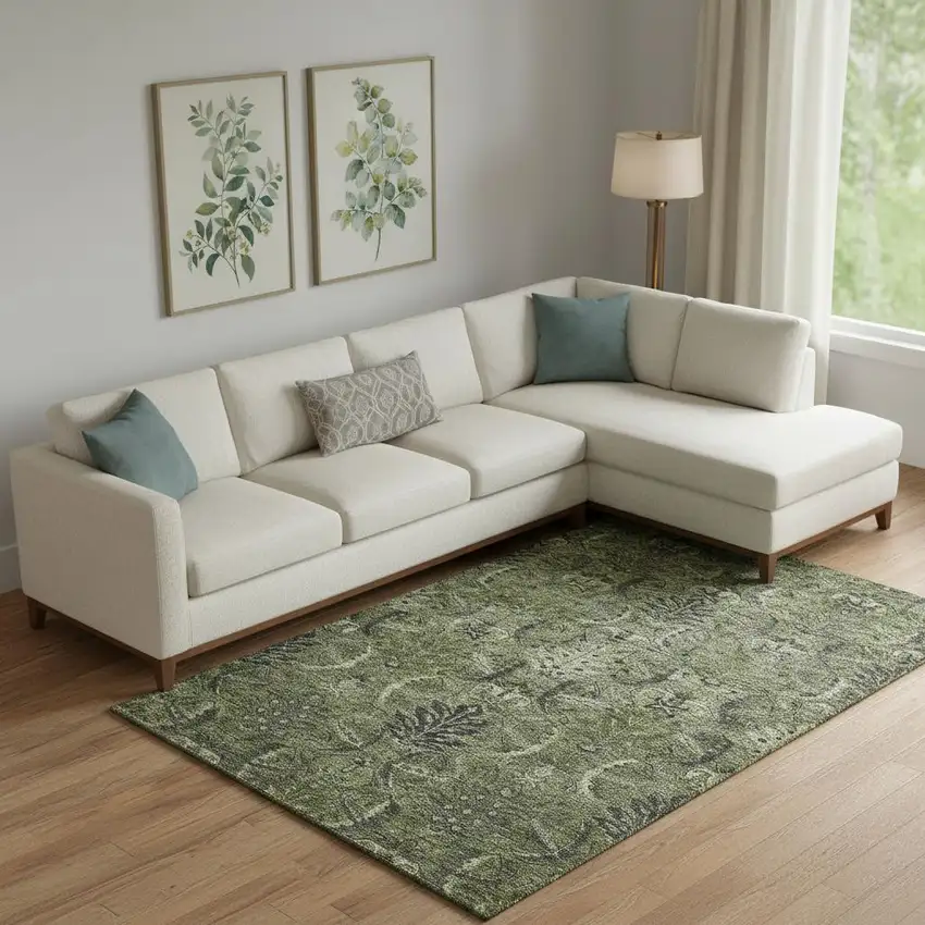 Olive Green And Charcoal Damask Washable Area Rug With UV Protection Photo 2