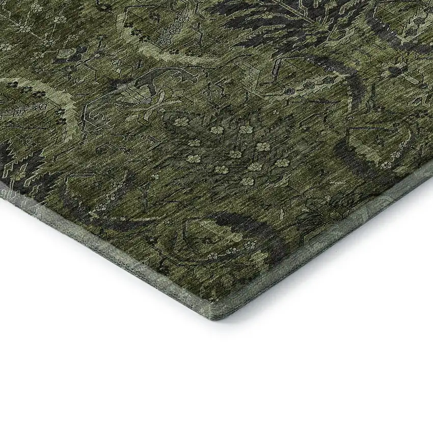 Olive Green And Charcoal Damask Washable Area Rug With UV Protection Photo 6