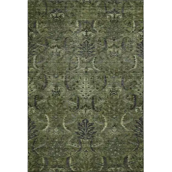 Olive Green And Charcoal Damask Washable Area Rug With UV Protection Photo 2