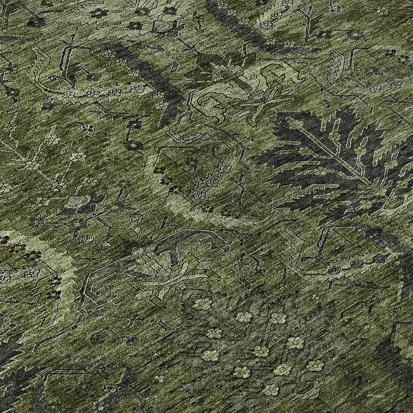 Olive Green And Charcoal Damask Washable Area Rug With UV Protection Photo 8