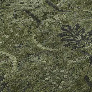 Photo of Olive Green And Charcoal Damask Washable Area Rug With UV Protection