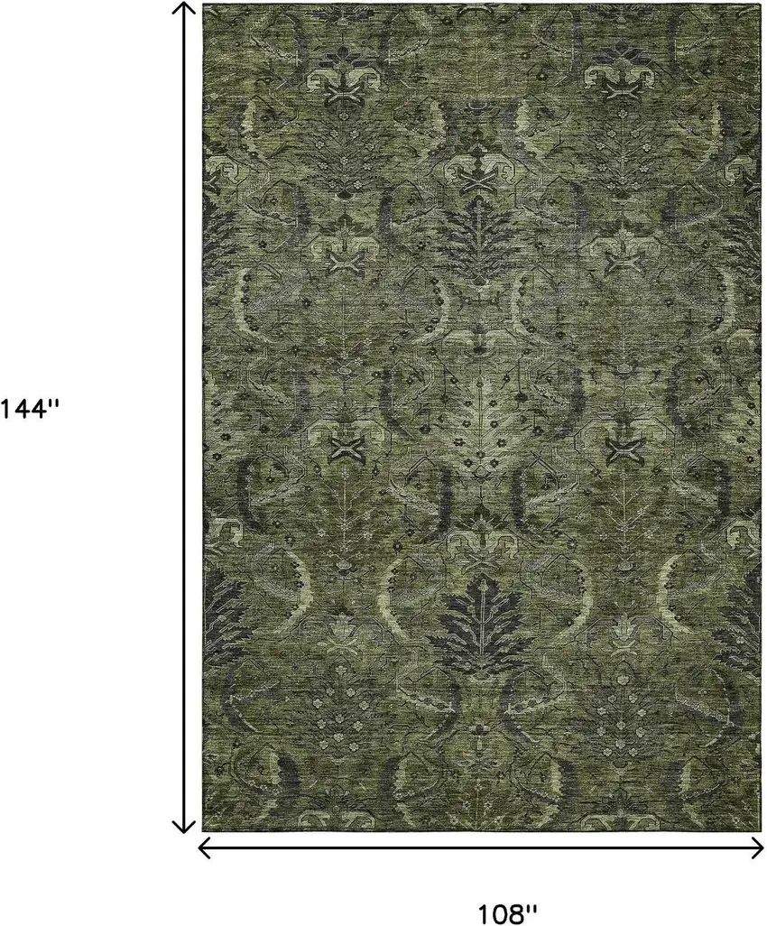 Olive Green And Charcoal Damask Washable Area Rug With UV Protection Photo 9