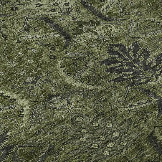 Olive Green And Charcoal Damask Washable Area Rug With UV Protection Photo 9