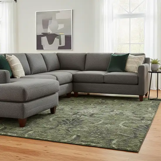 Olive Green And Charcoal Damask Washable Area Rug With UV Protection Photo 2