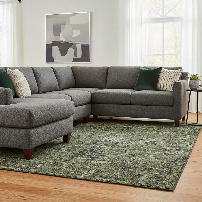 Olive Green And Charcoal Damask Washable Area Rug With UV Protection Photo 2