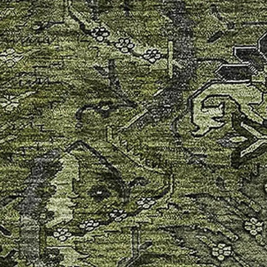 Olive Green And Charcoal Damask Washable Area Rug With UV Protection Photo 2
