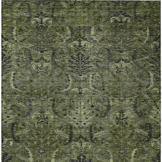 Olive Green And Charcoal Damask Washable Indoor Outdoor Area Rug Photo 6