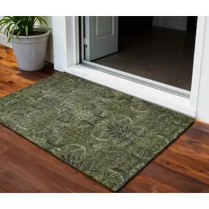 Photo of Olive Green And Charcoal Damask Washable Indoor Outdoor Area Rug