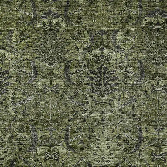 Olive Green And Charcoal Damask Washable Indoor Outdoor Area Rug Photo 5