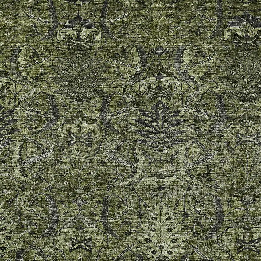 Olive Green And Charcoal Damask Washable Indoor Outdoor Area Rug Photo 5