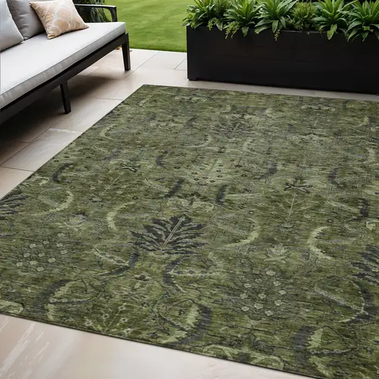 Olive Green And Charcoal Damask Washable Indoor Outdoor Area Rug Photo 1