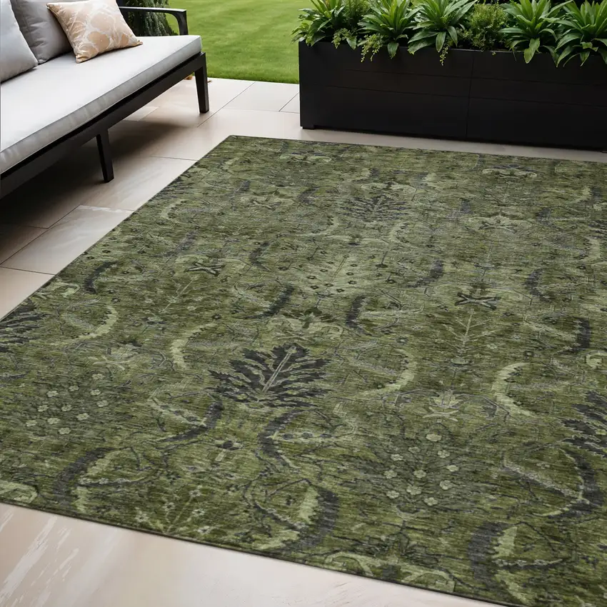 Olive Green And Charcoal Damask Washable Indoor Outdoor Area Rug Photo 1